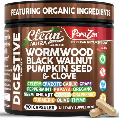 Clean Nutra Wormwood Black Walnut Pumpkin Seed Clove Oil Celery Garlic Grape Papaya Neem Diatomaceous Earth Womens Probiotic Gut Health Cleanse Detox Oregano