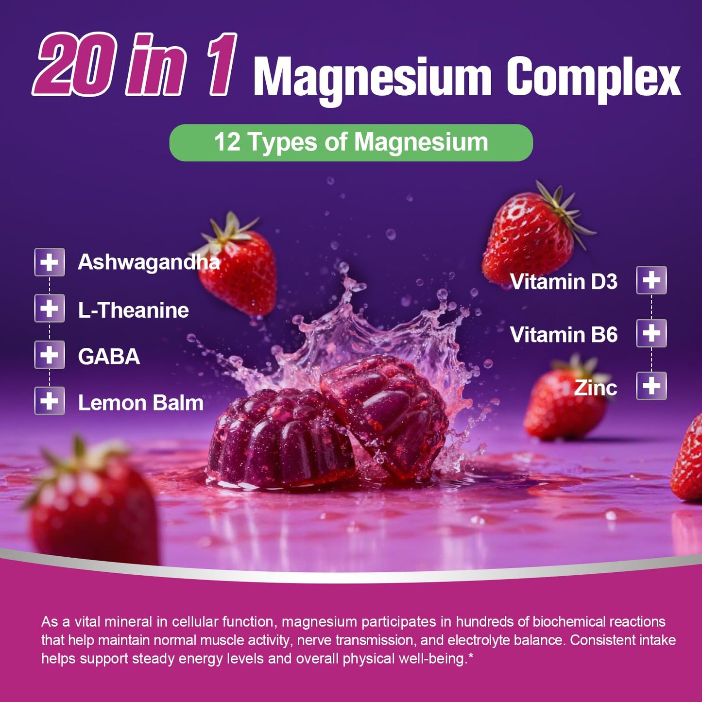 Migcopat Magnesium Complex Gummies, 20 in 1 Magnesium Gummy with Glycinate Citrate Malate Taurate - Ashwagandha, L-Theanine, D3&Zinc for Relaxation, Sleep, Muscle&Heart Support, Strawberry, 60 Cts MigcopatBuy Supplements Australia