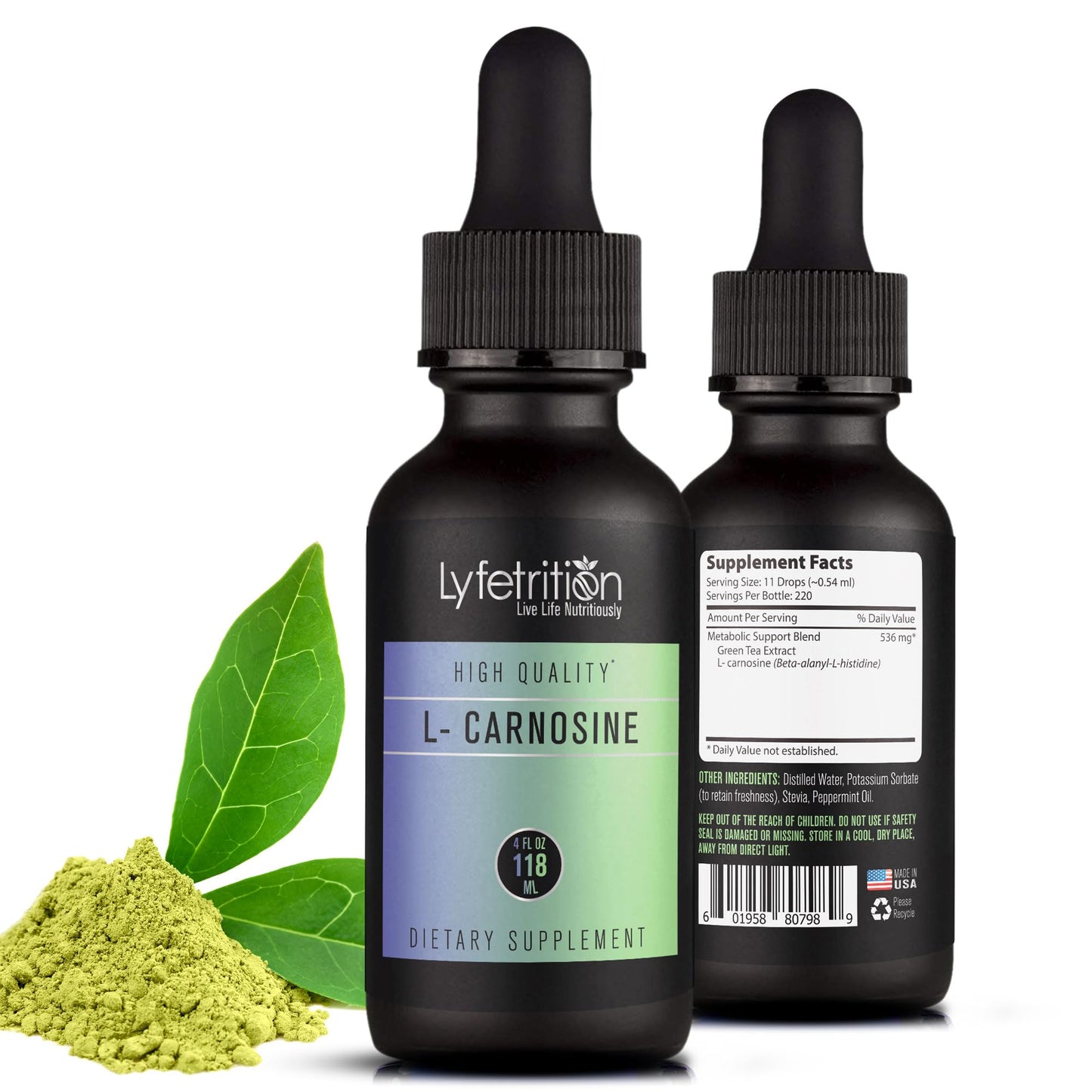 Two bottles of Lyfetrition L-Carnosine dietary supplement with a green leaf and powder on a white background.