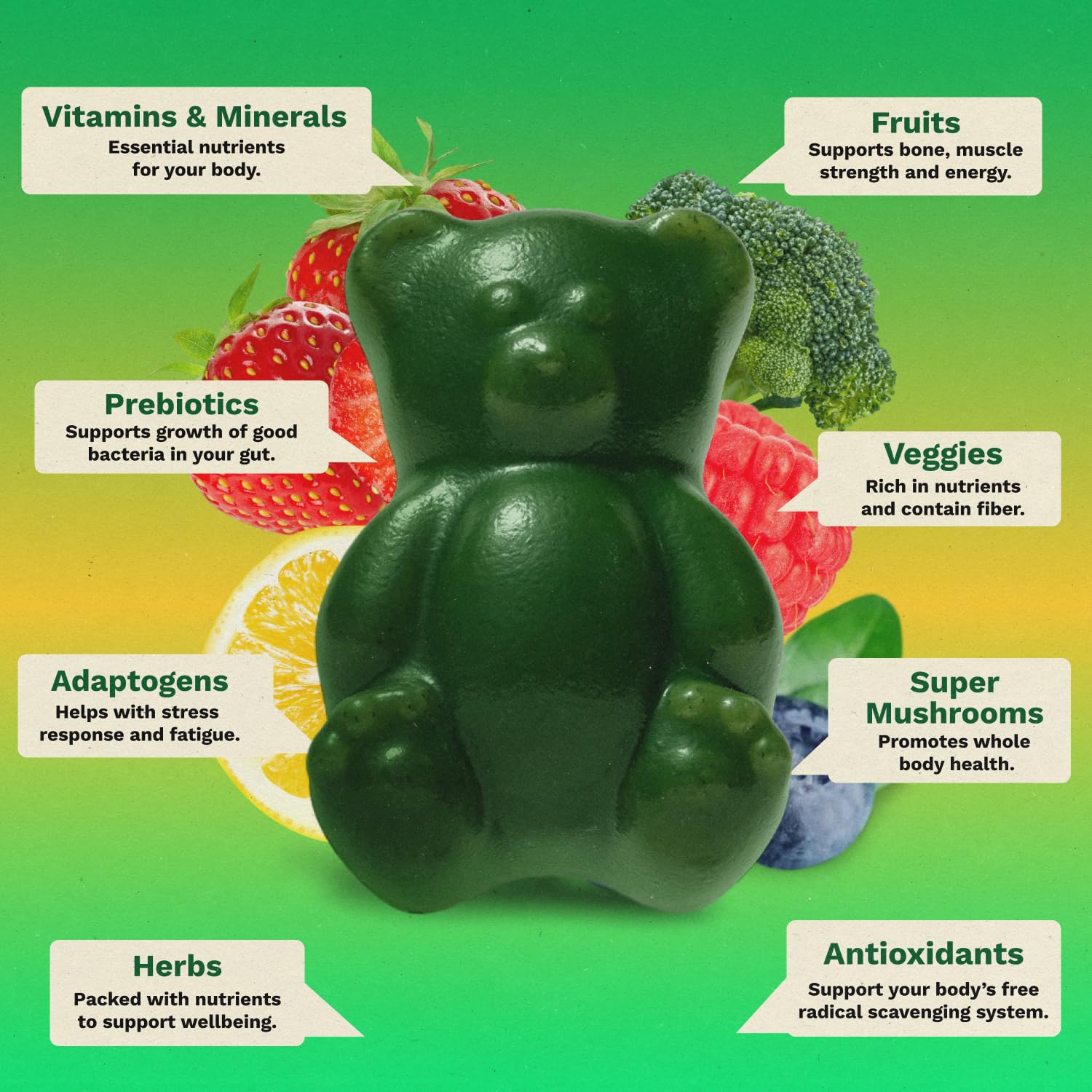 Gruns Adult Super Greens Multivitamin Gummies, Superfood Gummy Vitamins for Women and Men with Spirulina, Chlorella, Adaptogens & Prebiotic Fiber for Digestive Health (28 Count) GrünsBuy Supplements Australia