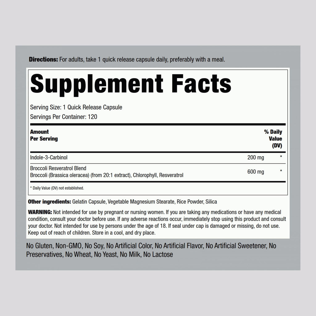 Piping Rock Indole 3 Carbinol | 200mg | 120 Capsules | I3C with Broccoli Extract | Non-GMO, Gluten Free Supplement Piping RockBuy Supplements Australia