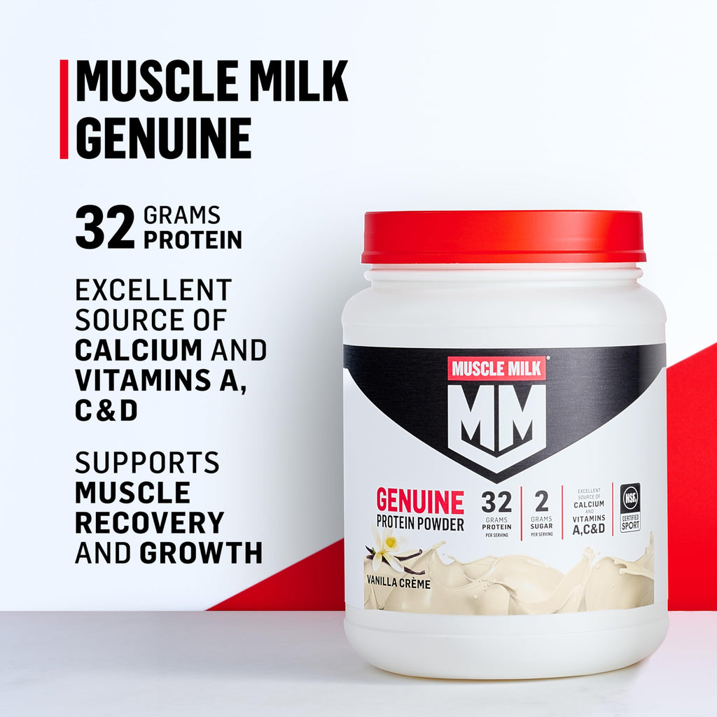 Muscle Milk Genuine Protein Powder, Vanilla Crème, 1.93 Pounds, 12 Servings, 32g Protein, 2g Sugar, Calcium, Vitamins A, C & D, NSF Certified for Sport, Energizing Snack, Packaging May Vary