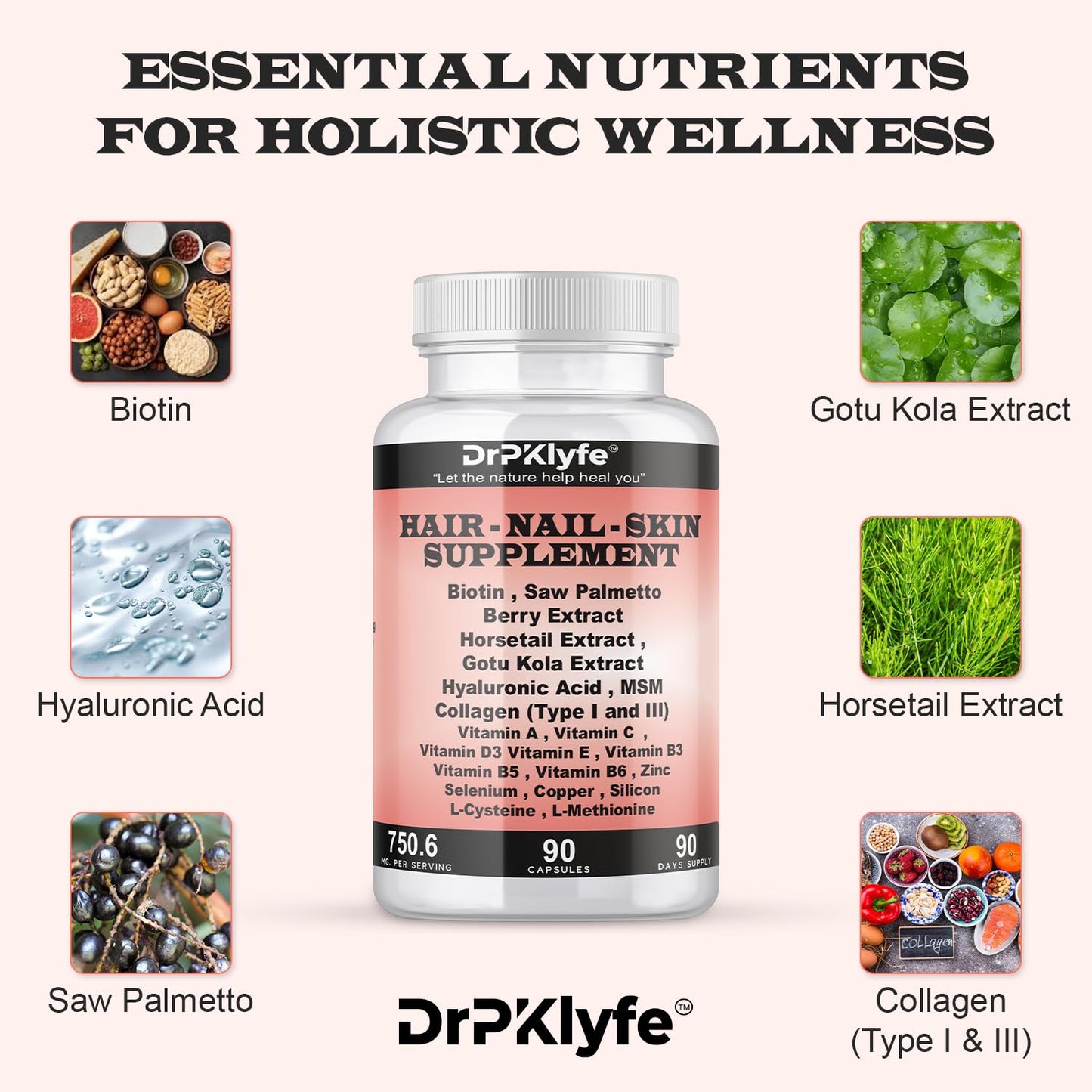 DrPKLyfe Hair, Nail and Skin Supplement Capsules:Biotin, Collagen, Collagen Peptides, Acid Hyaluronic, Biotin, Vitamin A, C, B5, B6 Saw Palmetto & More - 90 Capsules. DrPKLyfeBuy Supplements Australia