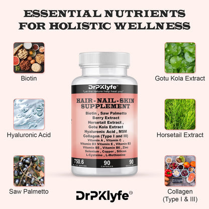 DrPKLyfe Hair, Nail and Skin Supplement Capsules:Biotin, Collagen, Collagen Peptides, Acid Hyaluronic, Biotin, Vitamin A, C, B5, B6 Saw Palmetto & More - 90 Capsules. DrPKLyfeBuy Supplements Australia