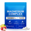 Supplement package for magnesium complex with blue label, white capsules, and fruits on a white background