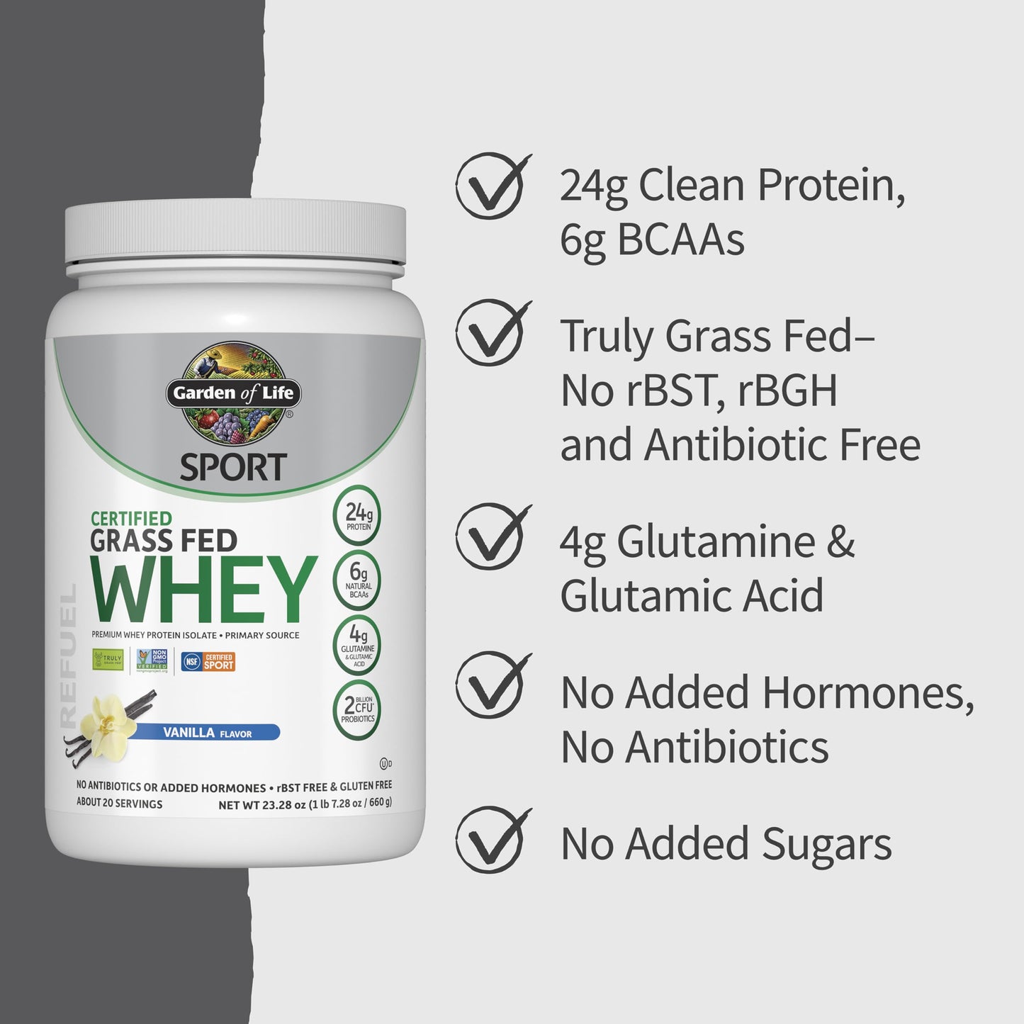 Garden of Life Sport Grass Fed Whey Protein Powder – 24g Whey Protein Isolate for Women & Men with Probiotics & Glutamine, Non-GMO, Gluten-Free, Cold-Processed, Vanilla Flavor, 20 Servings