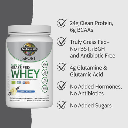 Garden of Life Sport Grass Fed Whey Protein Powder – 24g Whey Protein Isolate for Women & Men with Probiotics & Glutamine, Non-GMO, Gluten-Free, Cold-Processed, Vanilla Flavor, 20 Servings