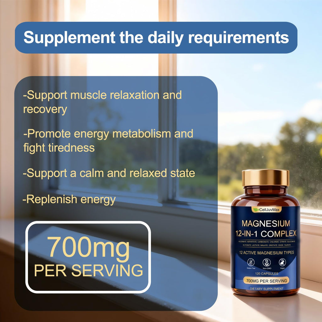 Magnesium 12-in-1 Complex 700mg, with Glycinate & Citrate, Vegan Supplement for Daily Wellness, 120 Capsules (1) WOJJ buy supplements Au