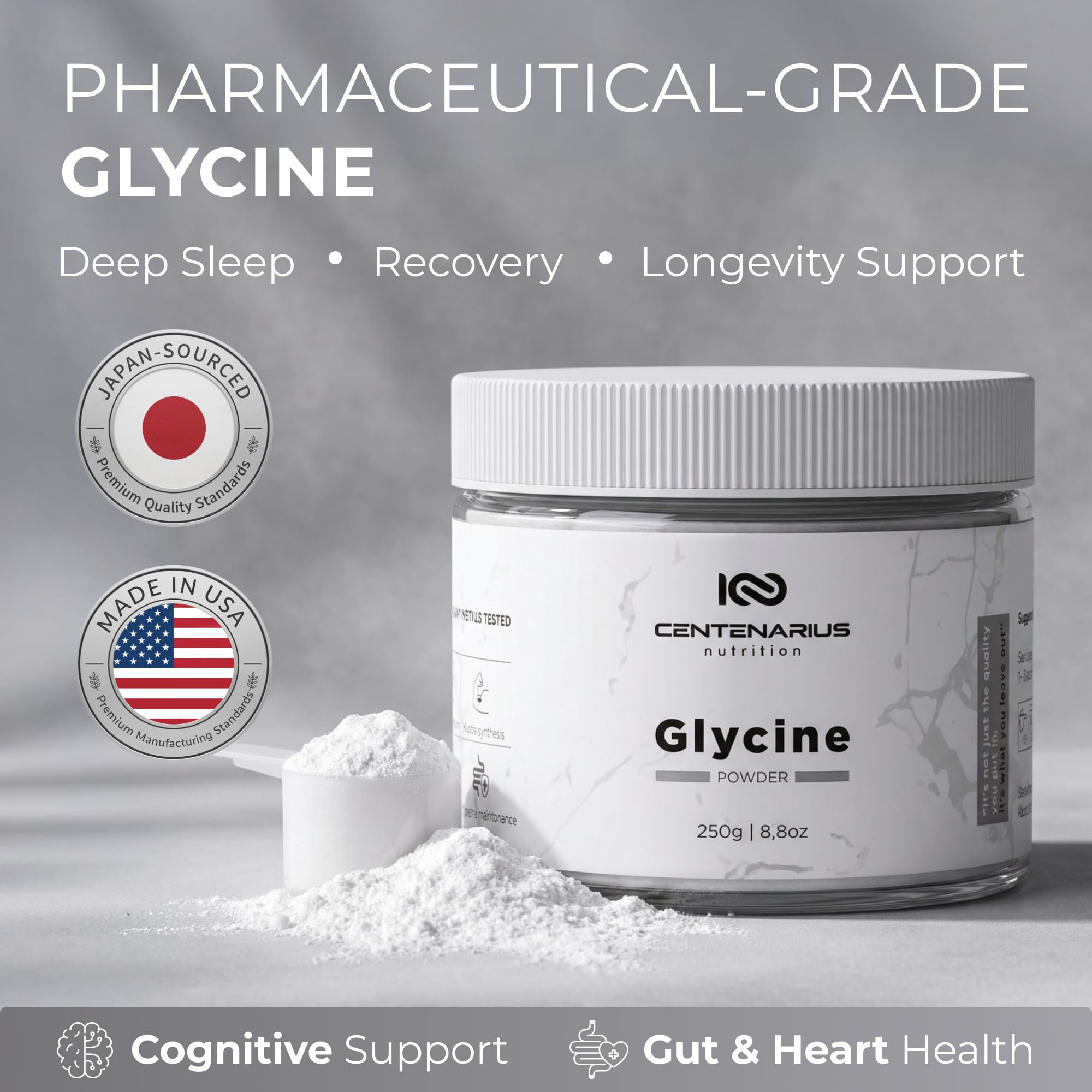 Premium Glycine Powder 250g | Amino Acids Supplement for Post Workout Muscle Recovery, Digestion, Sleep Aid + More - Vegan, Additive-Free