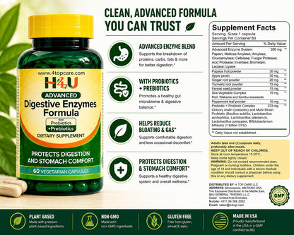 H4U Advanced Digestive Enzymes with Probiotics & Prebiotics – Multi Enzyme Supplement for Gut Health, Digestion Support, Bloating Relief & Stomach Comfort,