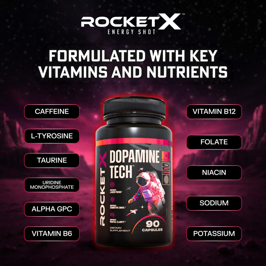 RocketX Dopamine Tech Brain Food Supplement, with L-Tyrosine and B Vitamins for Focus, Mental Clarity and Cognitive Drive, Vegan Capsules, 90 Capsules RocketX EnergyBuy Supplements Australia