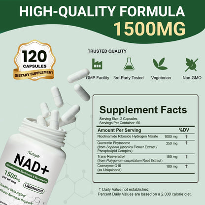 Ncduyde NAD+ Supplement, Liposomal NAD Nicotinamide Riboside Resveratrol 1500 mg - Anti-Aging & Brain Health, Improve Energy