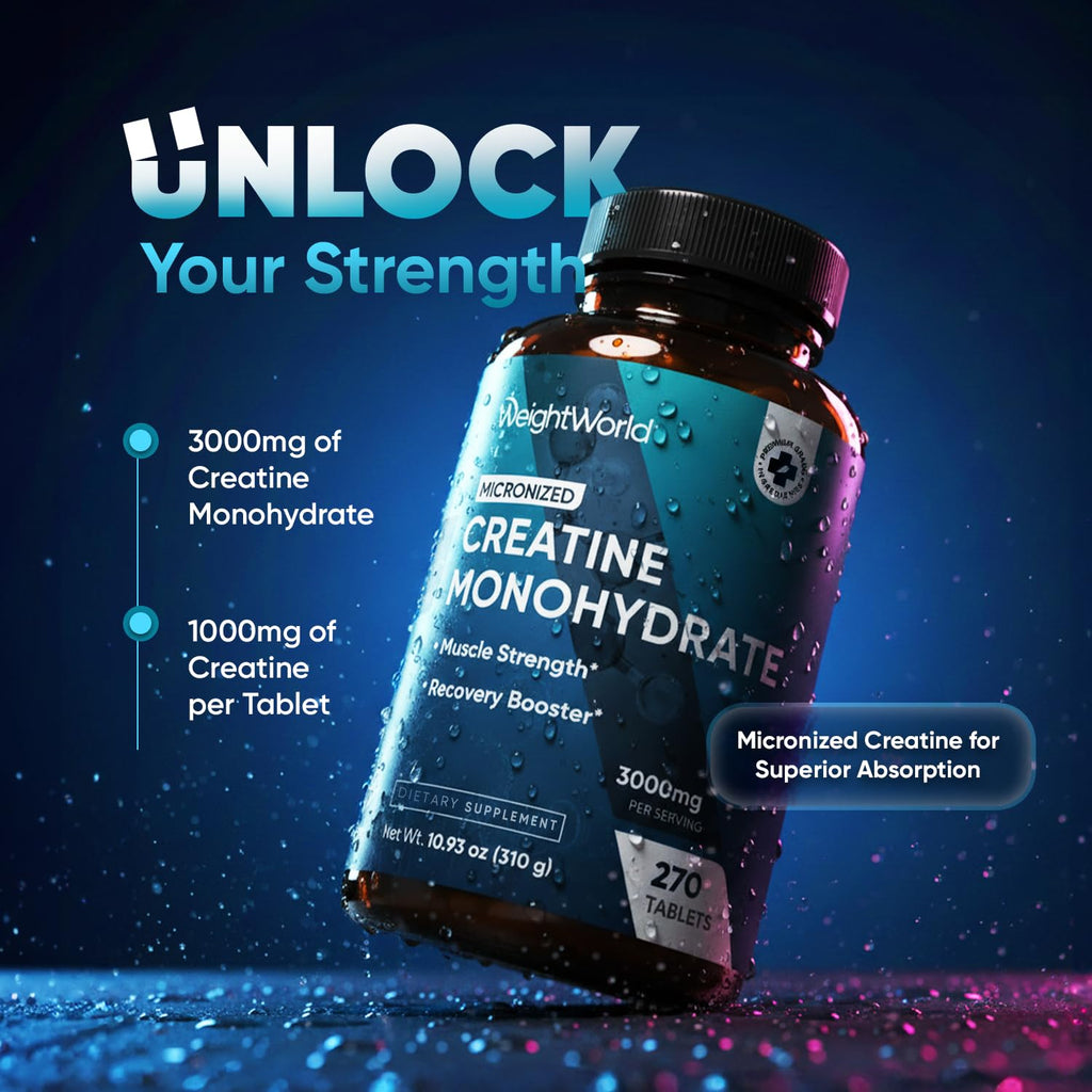 WeightWorld Micronized Creatine Monohydrate 3000mg Tablets - Muscle Growth, Strength, Energy & Recovery | Pre Workout Creatine for Women & Men | 1000mg per Tab