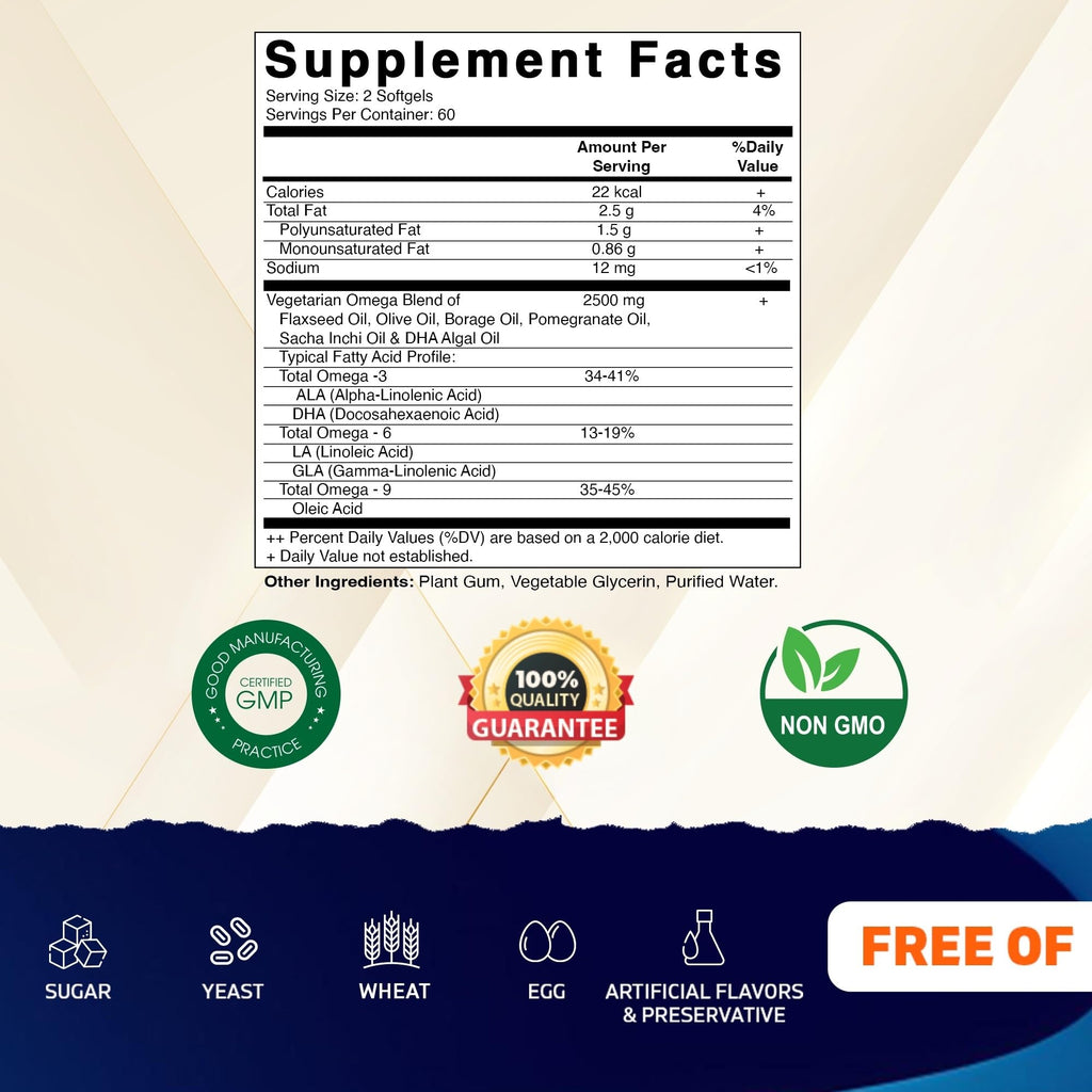 Vitamatic Vegan Omega 3-6-9 Complex 1250mg | Flaxseed, Olive, Borage & Algae Oils | Plant-Based Omegas | 120 Softgels VitamaticBuy Supplements Australia