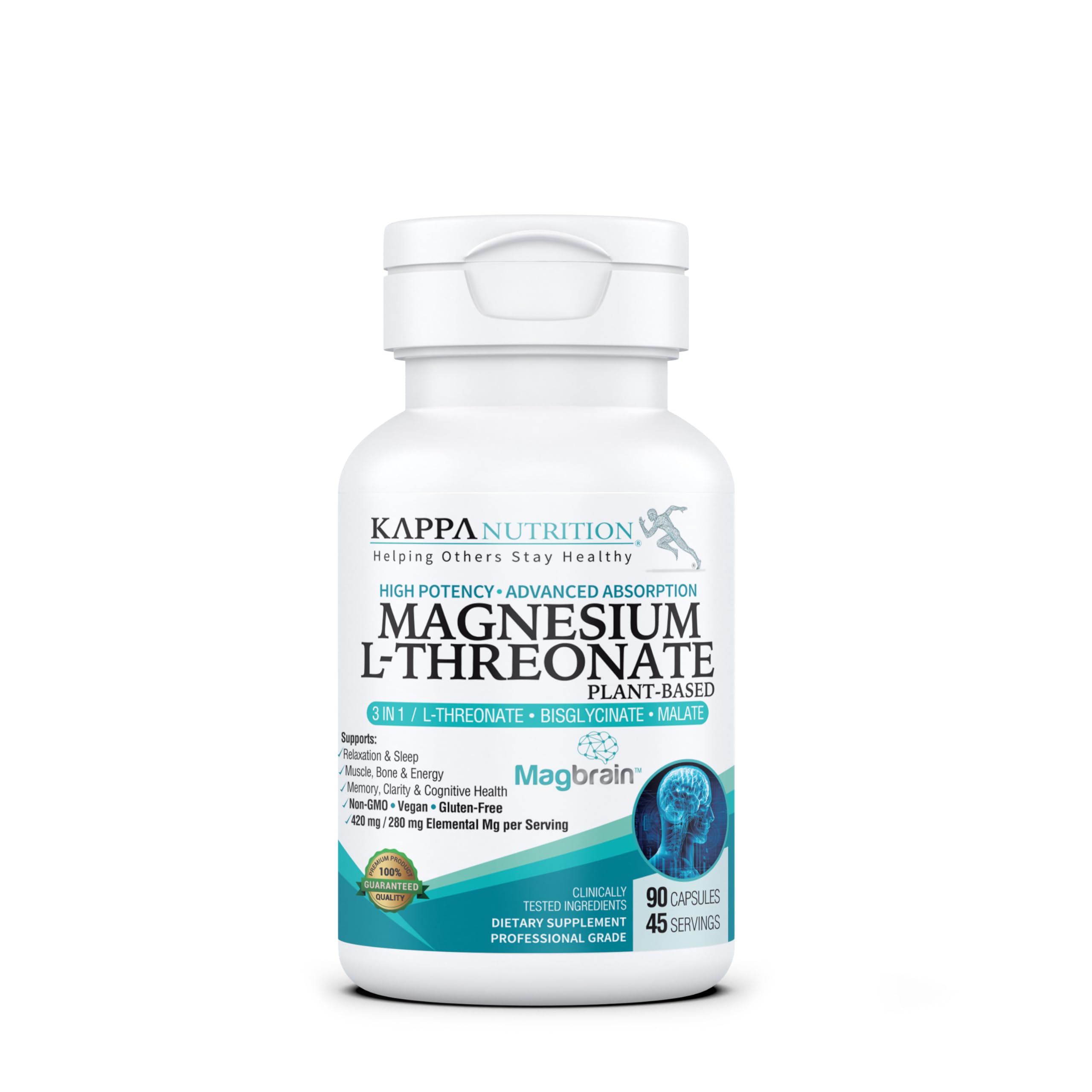 Kappa Nutrition Powered by Magbrain™ Magnesium L-Threonate Plant-Based, 90 Vegan Capsules, 420mg Elemental Magnesium (3 Capsules) from 2,253mg, Brain, Sleep & Muscle Support. KAPPA NUTRITIONBuy Supplements Australia