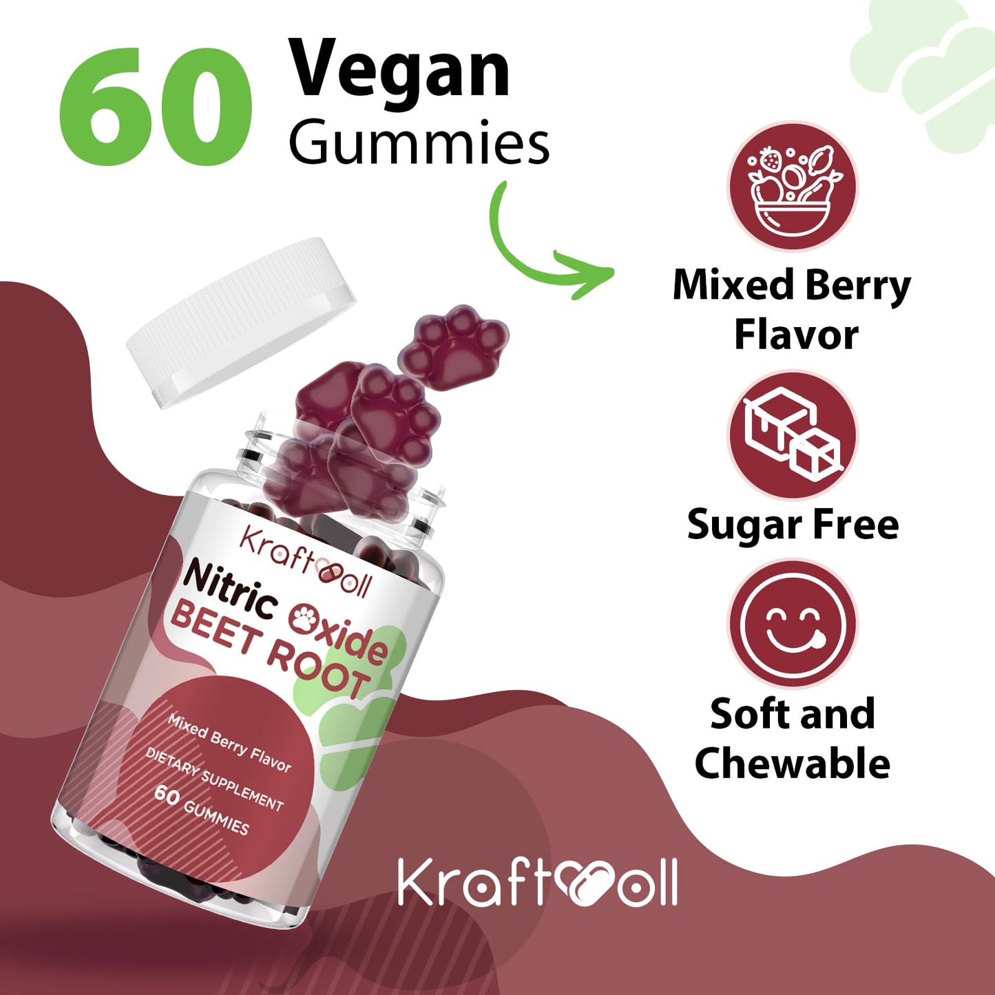 Kraftvoll Nitric Oxide Beet Root Gummies – Sugar-Free Beet Chewables, Mixed Berry Flavor with Grapeseed Powder, Pomegranate, Vitamin C & B12 – Nitric Oxide Supplements for Men – 60 Gummies (2 Bottles) Kraftvoll buy supplements Au