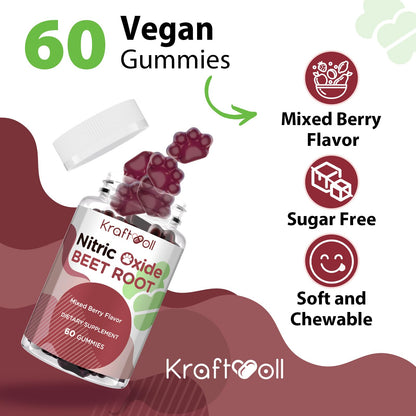Kraftvoll Nitric Oxide Beet Root Gummies – Sugar-Free Beet Chewables, Mixed Berry Flavor with Grapeseed Powder, Pomegranate, Vitamin C & B12 – Nitric Oxide Supplements for Men – 60 Gummies (2 Bottles) Kraftvoll buy supplements Au