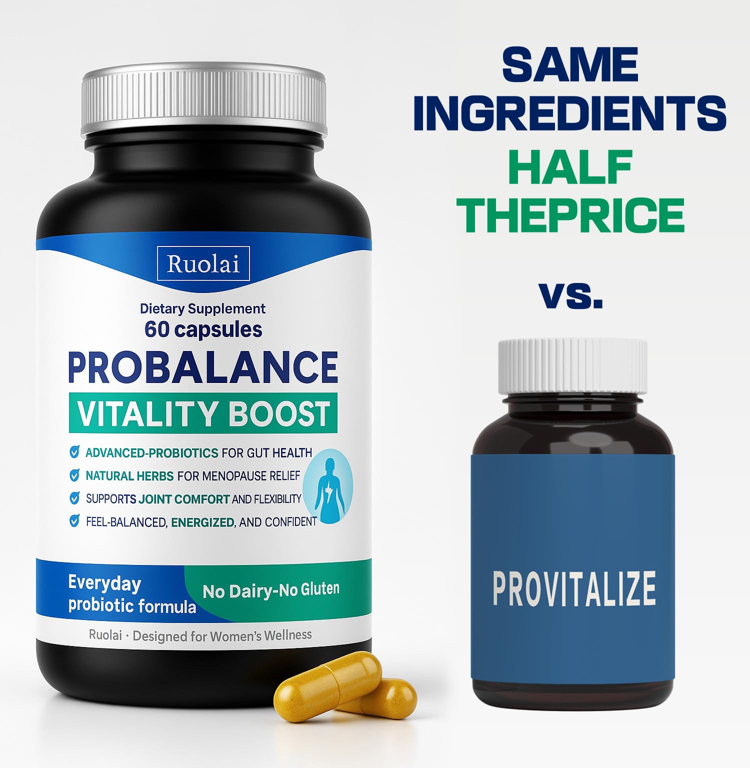 Ruolai ProBalance Probiotics for Women 68B CFU – Menopause, Bloat & Belly Support – Turmeric & Moringa