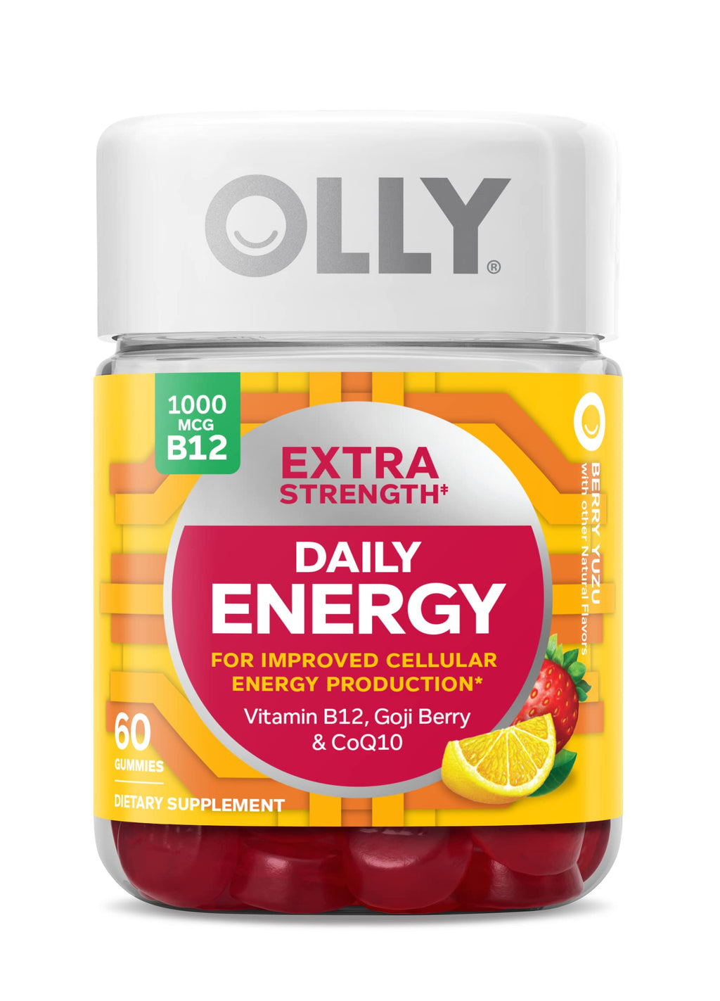 OLLY Extra Strength Daily Energy Gummy, Caffeine Free, 1000mcg Vitamin B12, CoQ10, Goji Berry, Adult Chewable Supplement
