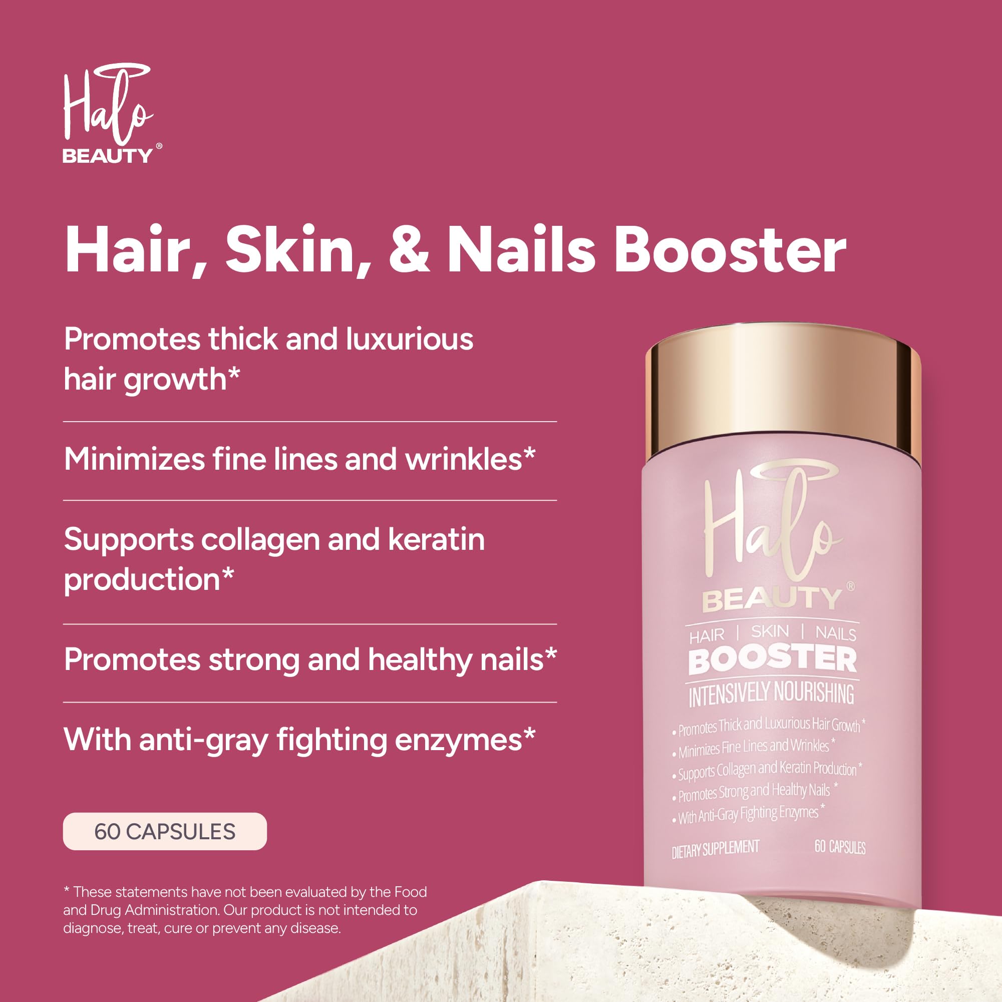 Halo Beauty Hair Skin & Nails Supplement | Thicker Hair Growth, Radiant Skin & Strong Nails Support with Biotin, Saw Palmetto & Phytoceramides | Vegan Capsules | Made in USA | 1-Month Supply Halo BeautyBuy Supplements Australia