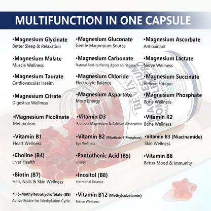 BEVIX Magnesium Complex Gummies with Methylated B Complex Magnesium Glycinate Citrate Malate Taurate Gluconate Aspartate Carbonate D3 K2, Magnesium for Relaxation Energy & Nerve, 60 Gummies BEVIX buy supplements Au