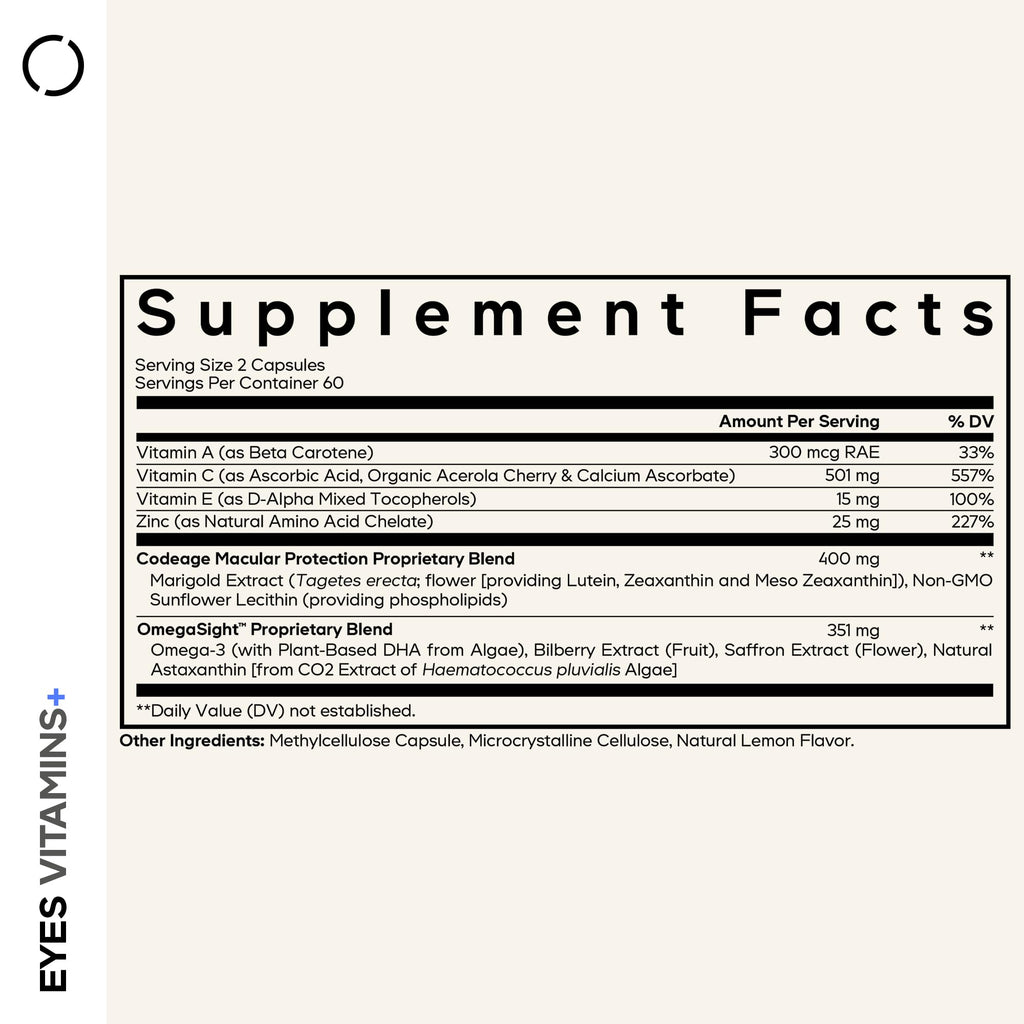 Codeage Eyes Vitamins - AREDS 2 Based Formula Supplement - 2-Month Supply - Vitamins A, C, E, Zinc, Lutein, Astaxanthin, Zeaxanthin, Eyebright, Marigold, Bilberry, Saffron, Omega-3-120 Capsules CodeageBuy Supplements Australia