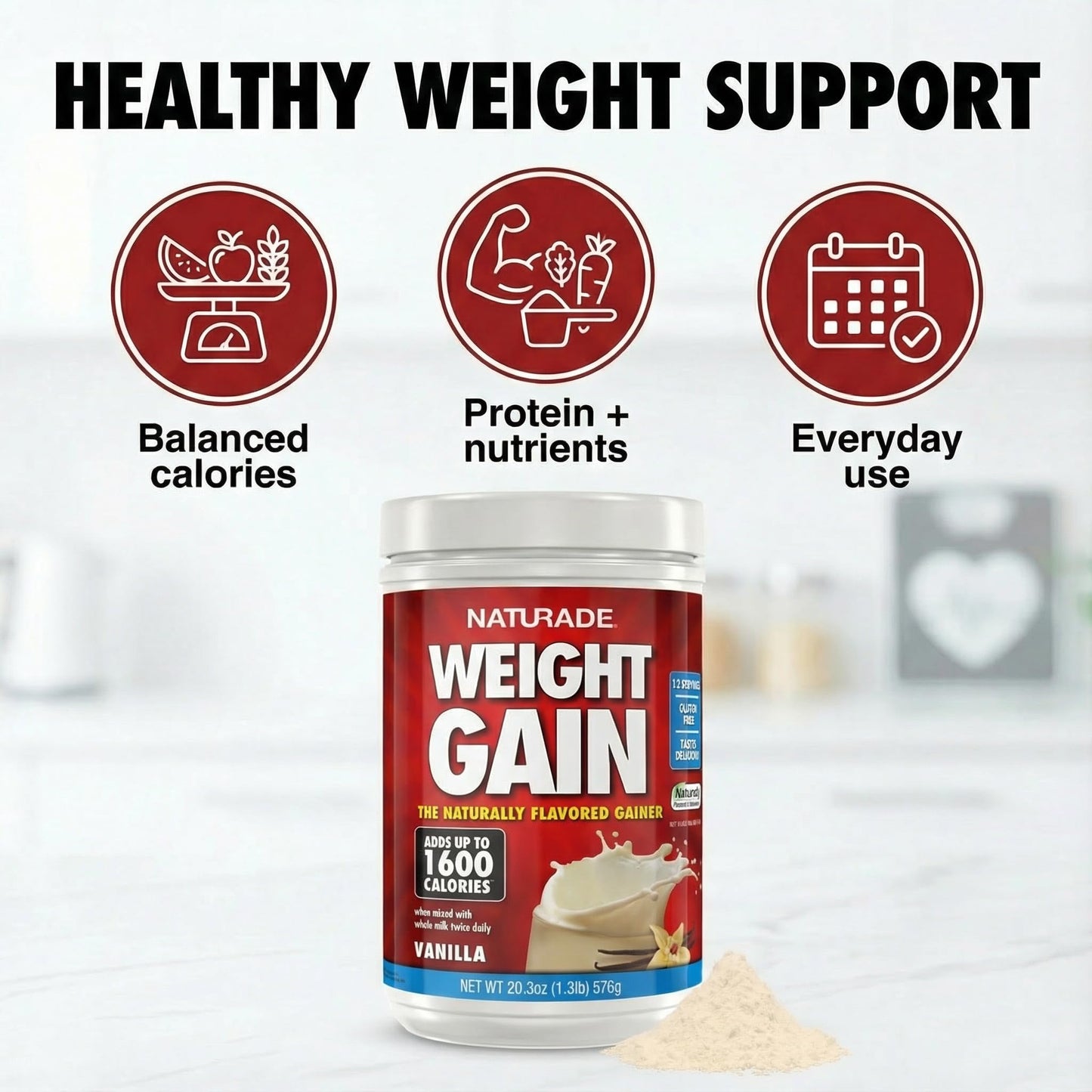 Naturade Weight Gain Nutrition Drink Mix for Healthy Weight Support, Balanced Calories with Protein, Vitamins & Minerals, Vanilla - 20.3 oz