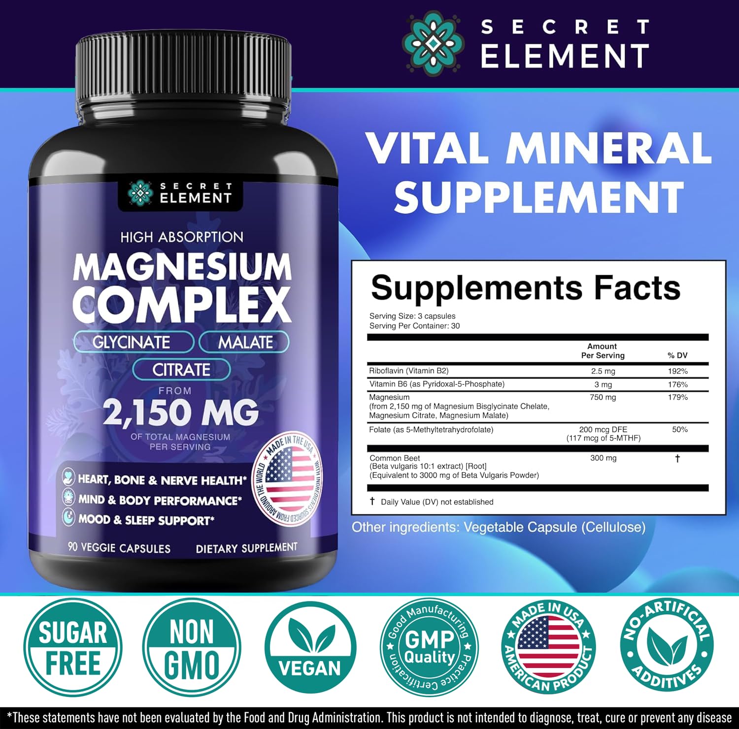 Magnesium Complex 2,150MG, High Absorption Capsules with Magnesium Glycinate, Citrate & Malate, Plus Vitamin B6, B2, Folate & Beet Root, Vegan, Non-GMO, No Artificial Additives, 90 Capsules Secret Element buy supplements Au