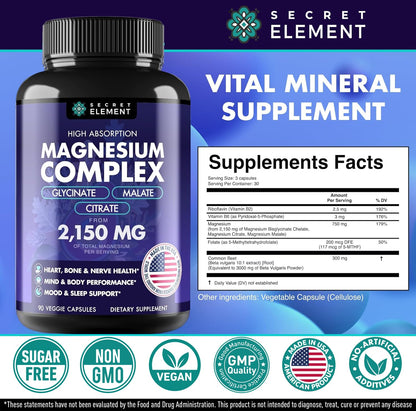 Magnesium Complex 2,150MG, High Absorption Capsules with Magnesium Glycinate, Citrate & Malate, Plus Vitamin B6, B2, Folate & Beet Root, Vegan, Non-GMO, No Artificial Additives, 90 Capsules Secret Element buy supplements Au