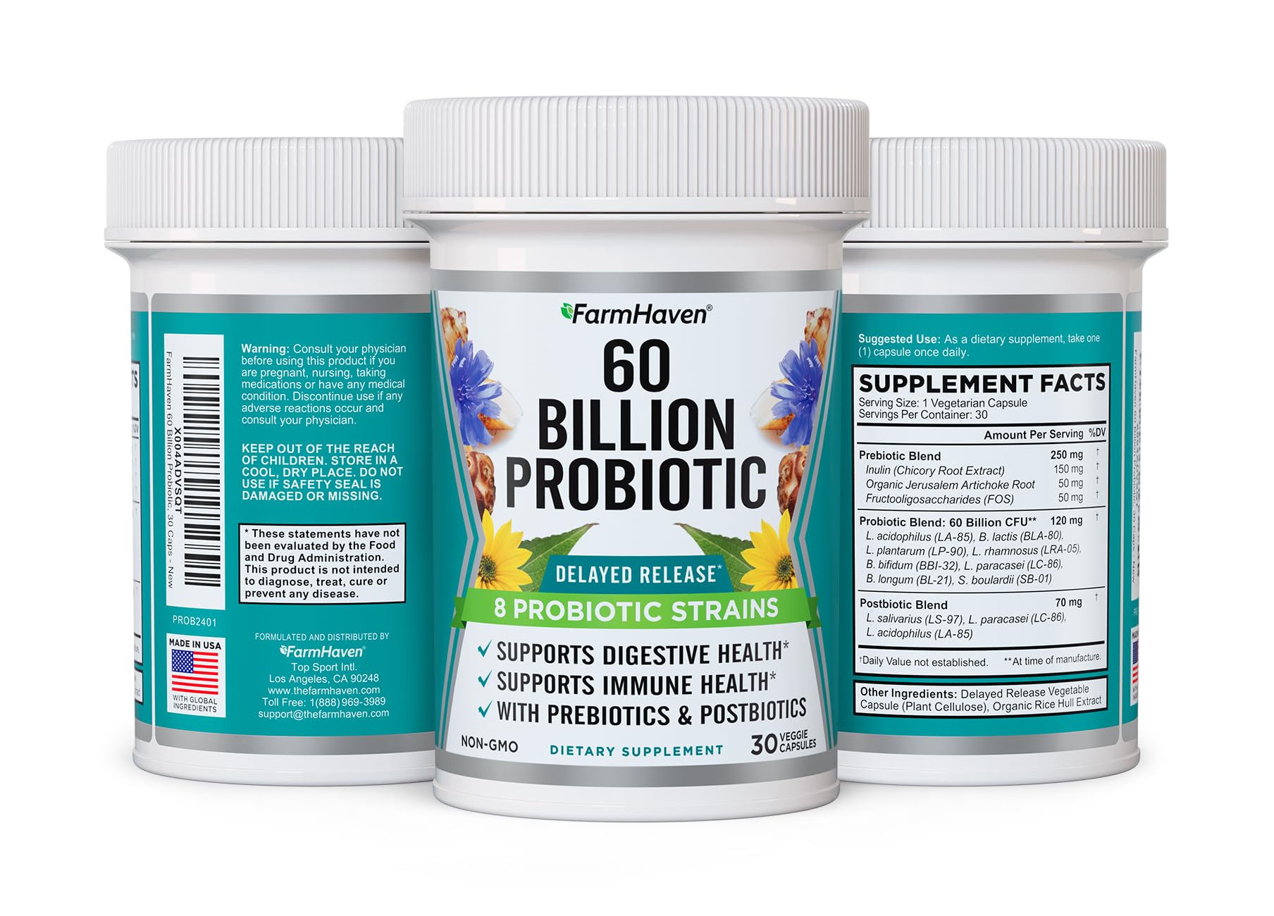 FarmHaven 60 Billion CFU Probiotic - 8 Probiotic Strains - Prebiotics & Postbiotics - Supports Digestive & Immune Health - Delayed Release - Shelf Stable - Non-GMO, Gluten Free - 30 Caps FarmHavenBuy Supplements Australia