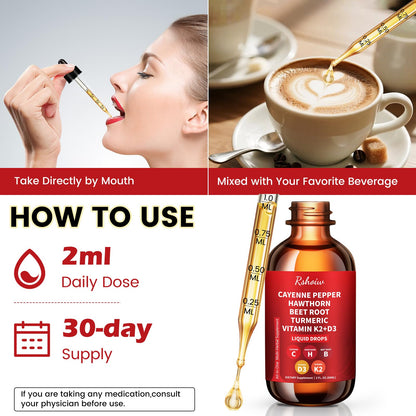 Cayenne Pepper Drops Supplement Liquid with Hawthorn Berry, Vitamin D3 K2, Turmeric Curcumin, Beet Root, Ceylon Cinnamon Vegan- Friendly - 60ml Rshoiw buy supplements Au