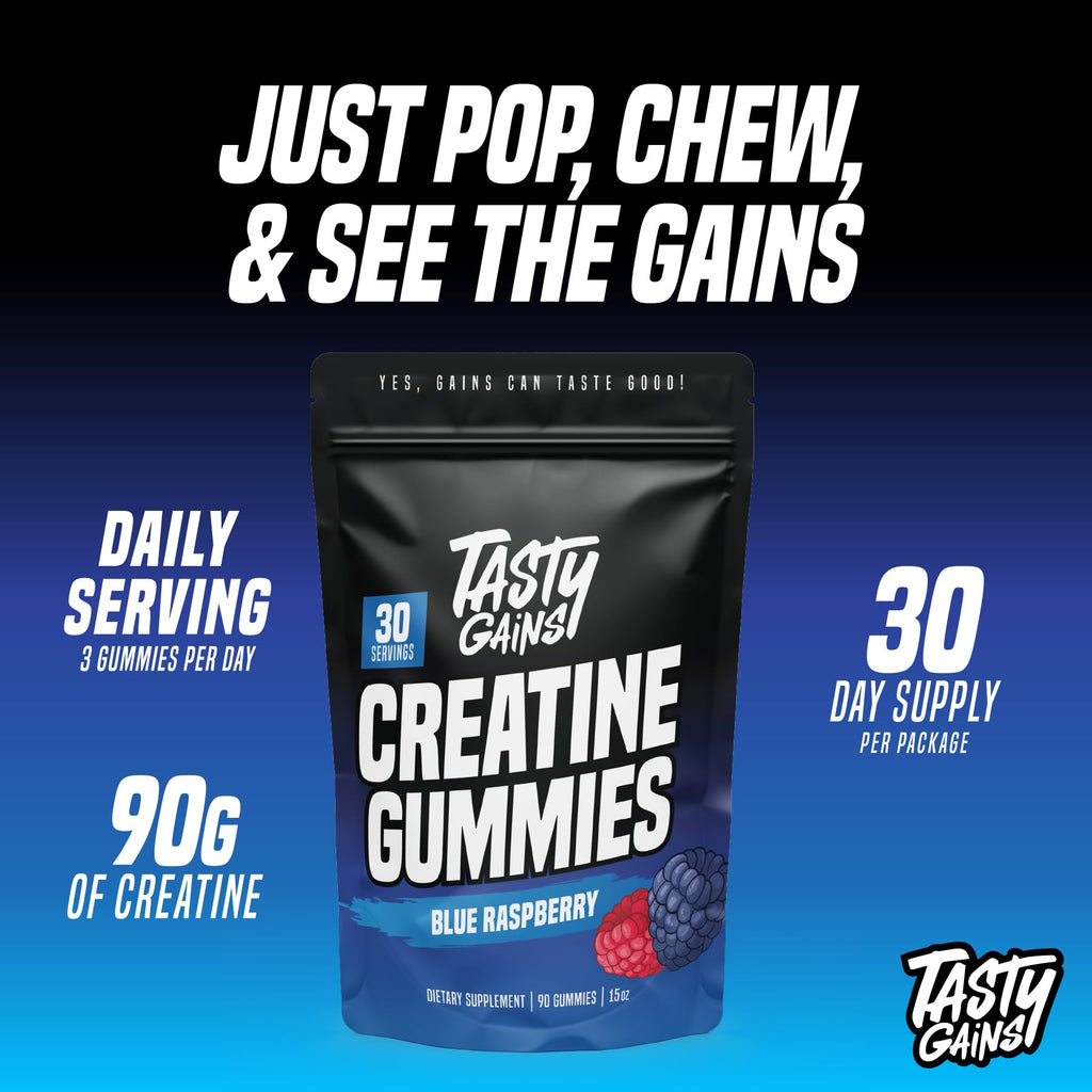 TASTY GAINS Creatine Gummies - 90g of Creatine Monohydrate - Workout Supplements - Build Muscle & Boost Strength for Men & Women - Made in USA
