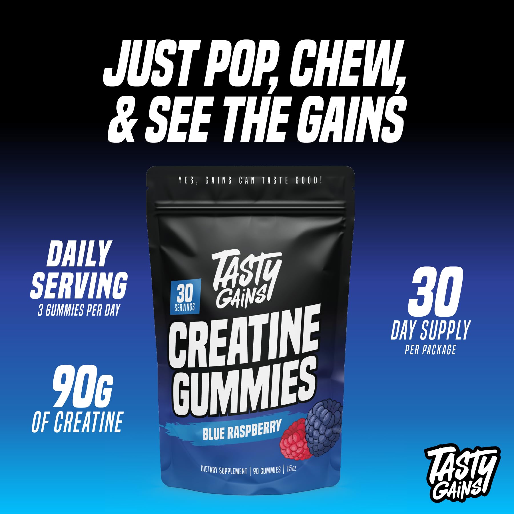 TASTY GAINS Creatine Gummies - 90g of Creatine Monohydrate - Workout Supplements - Build Muscle & Boost Strength for Men & Women - Made in USA