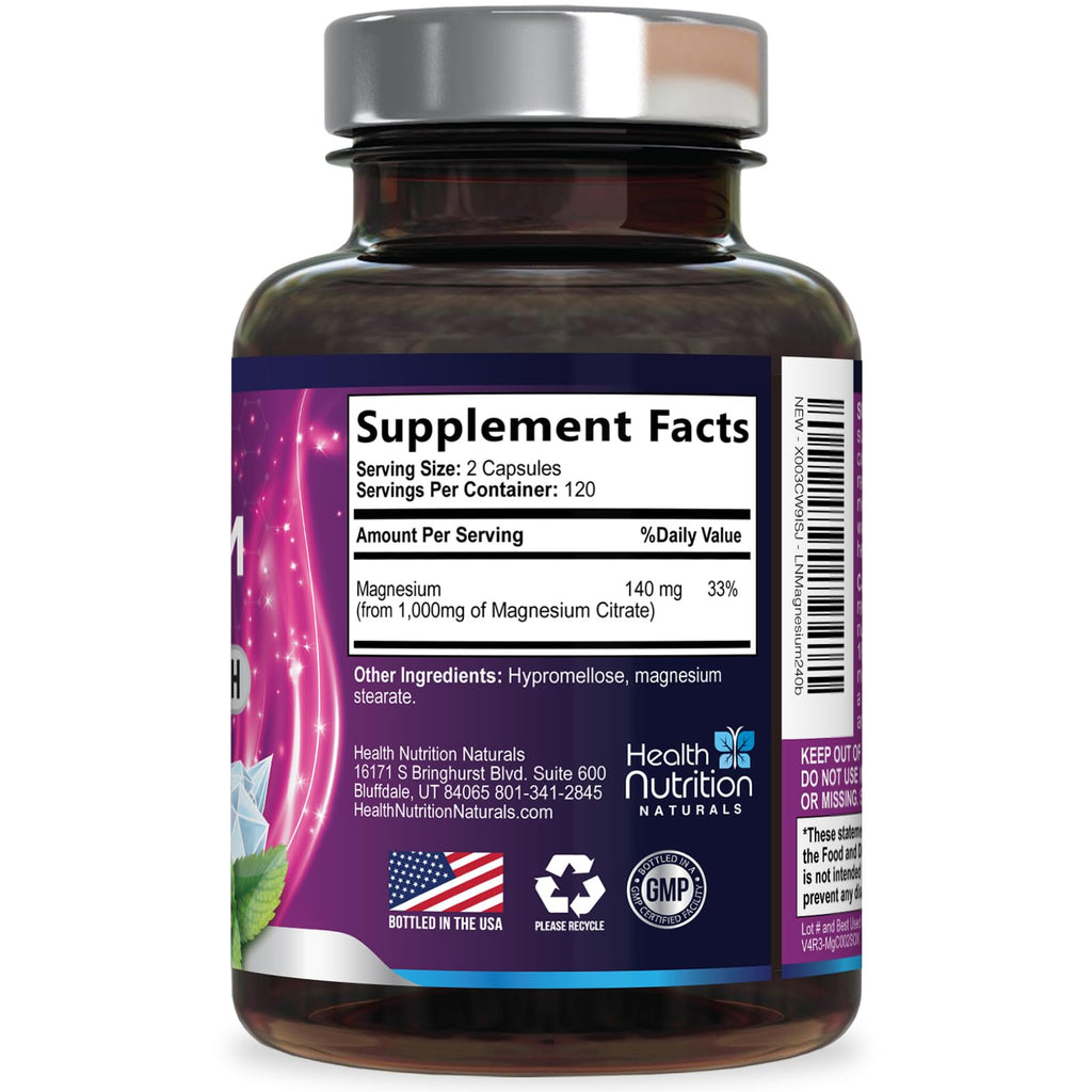 Magnesium Citrate 1000mg Per Serving - Max Absorption Magnesium Powder Capsules for Muscle, Nerve, Bone and Heart Health Support, High Absorption Citrate Complex