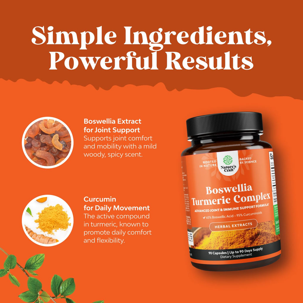 Boswellia Extract Capsules with Turmeric - Advanced Immune Health Support Supplement - Turmeric & Boswellia Serrata Capsules 500mg per Serving for Body Detox & Healthy Joints - 90 Count Natures Craft buy supplements Au