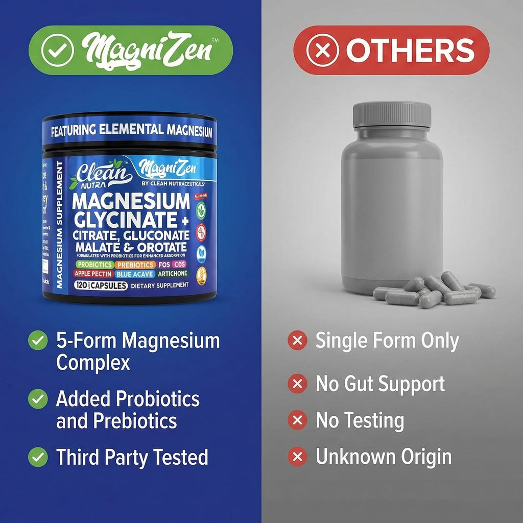 Clean Nutra Magnesium Glycinate Citrate Malate Orotate Taurate Supplement Complex + 10 Strain Probiotic Prebiotics FOS GOS Inulin Sleep Calm Support Apple Pectin – 120 Vegan Capsules Clean Nutraceuticals buy supplements Au