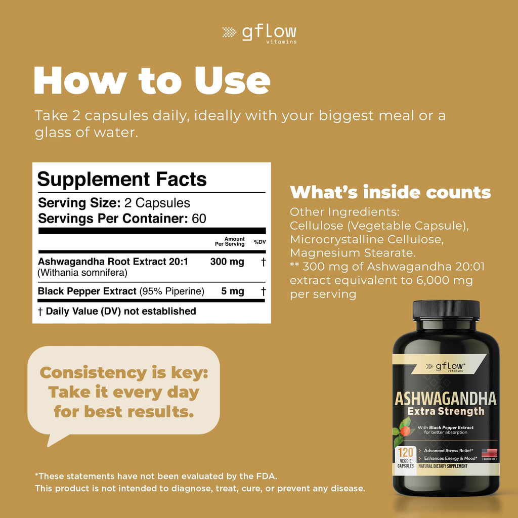 gflow vitamins Ashwagandha Supplements for Women and Men | Sleep, Mood and Energy Support | Extra Strength