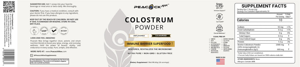 Peacock Max Colostrum Powder – 60g (30 Servings), Unflavored Bovine Colostrum Supplement, Superfood for Hair, Skin & Gut Health, Gluten-Free, Non-GMO Peacock MaxBuy Supplements Australia