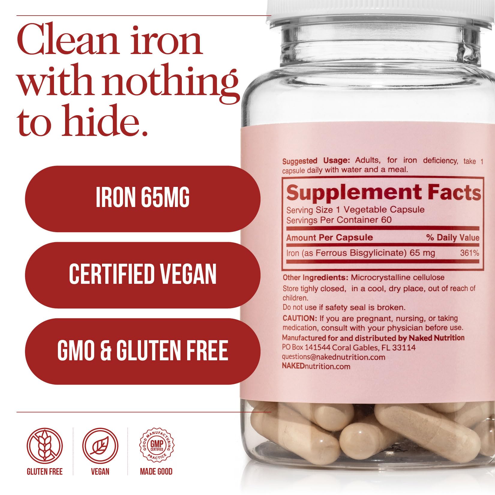 Naked Iron 65mg, 325mg Ferrous Bisglycinate - High Potency Iron Supplement for Iron Deficiency, Cellular Energy Support, Promotes Healthy Red Blood Cell Production