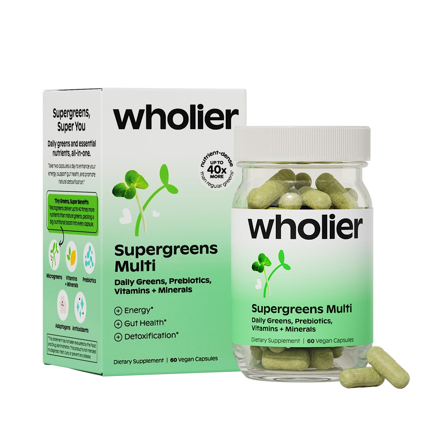 Wholier Supergreens Multi supplement packaging on a white background