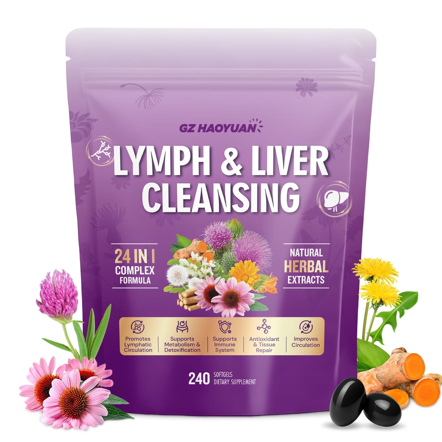 Lymphatic Drainage Supplement, Liver Cleanse Detox & Repair, 24-in-1 Herbal Blend with Echinacea, Dandelion, Burdock, Bromelain, Calendula, Turmeric - Lymph System Support, Less Bloating, 240 Softgels GZ HAOYUAN buy supplements Au