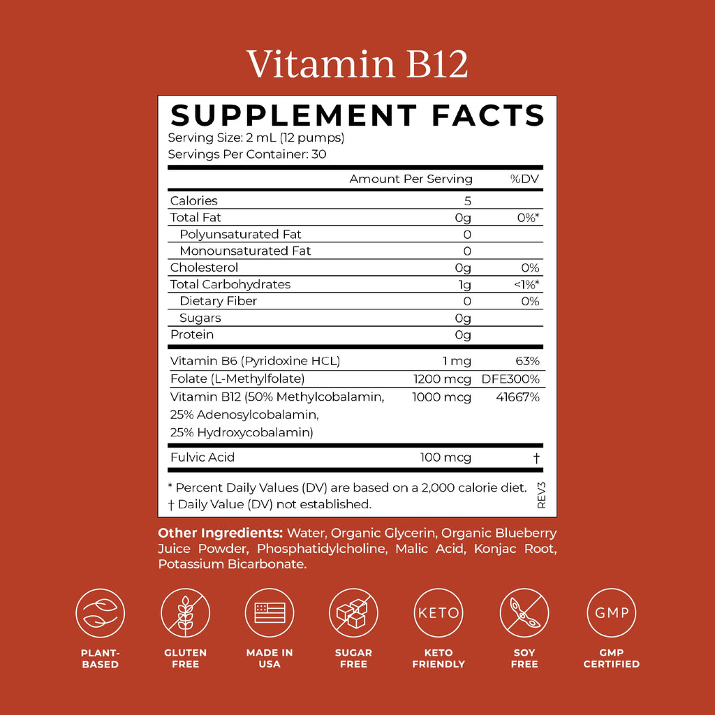CYMBIOTIKA Liposomal Vitamin B12 Liquid Supplement, 1250 mcg, Supports Energy, Cell Production, Helps Strengthen Hair, Skin & Nails, Non-GMO, Gluten Free
