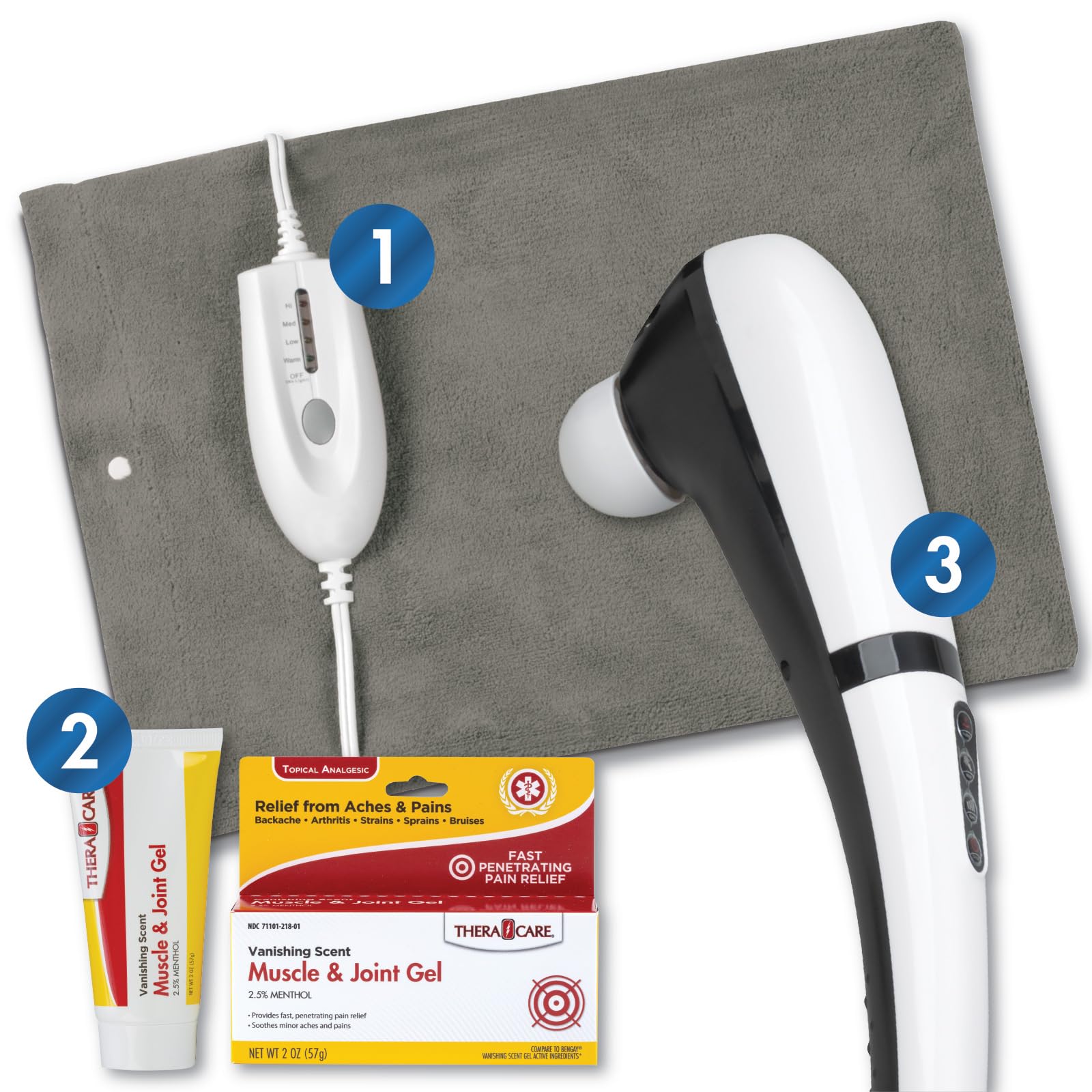 Pain Management Bundle 3-Piece | Personal Deep Tissue Massager | Muscle & Joint Pain Relief Gel | Deluxe Moist Dry Heating Pad | Therapeutic Care at Home | Whole Family Care Thera CareBuy Supplements Australia