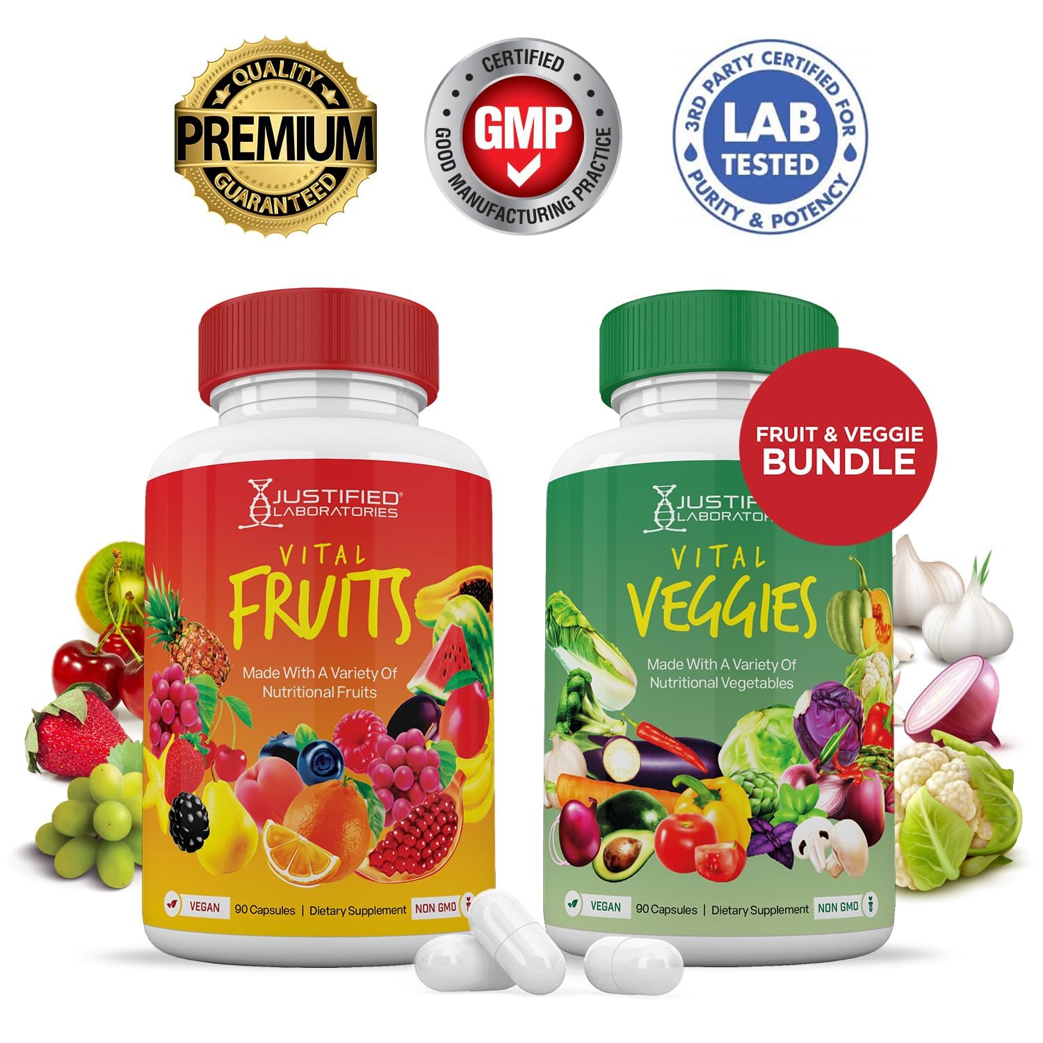 (10 Pack) Vital Fruits and Veggies Supplement Whole Food Red & Green Superfoods Non GMO Vegan Friendly 900 Veggie Capsules 10 Bottles Justified Laboratories buy supplements Au