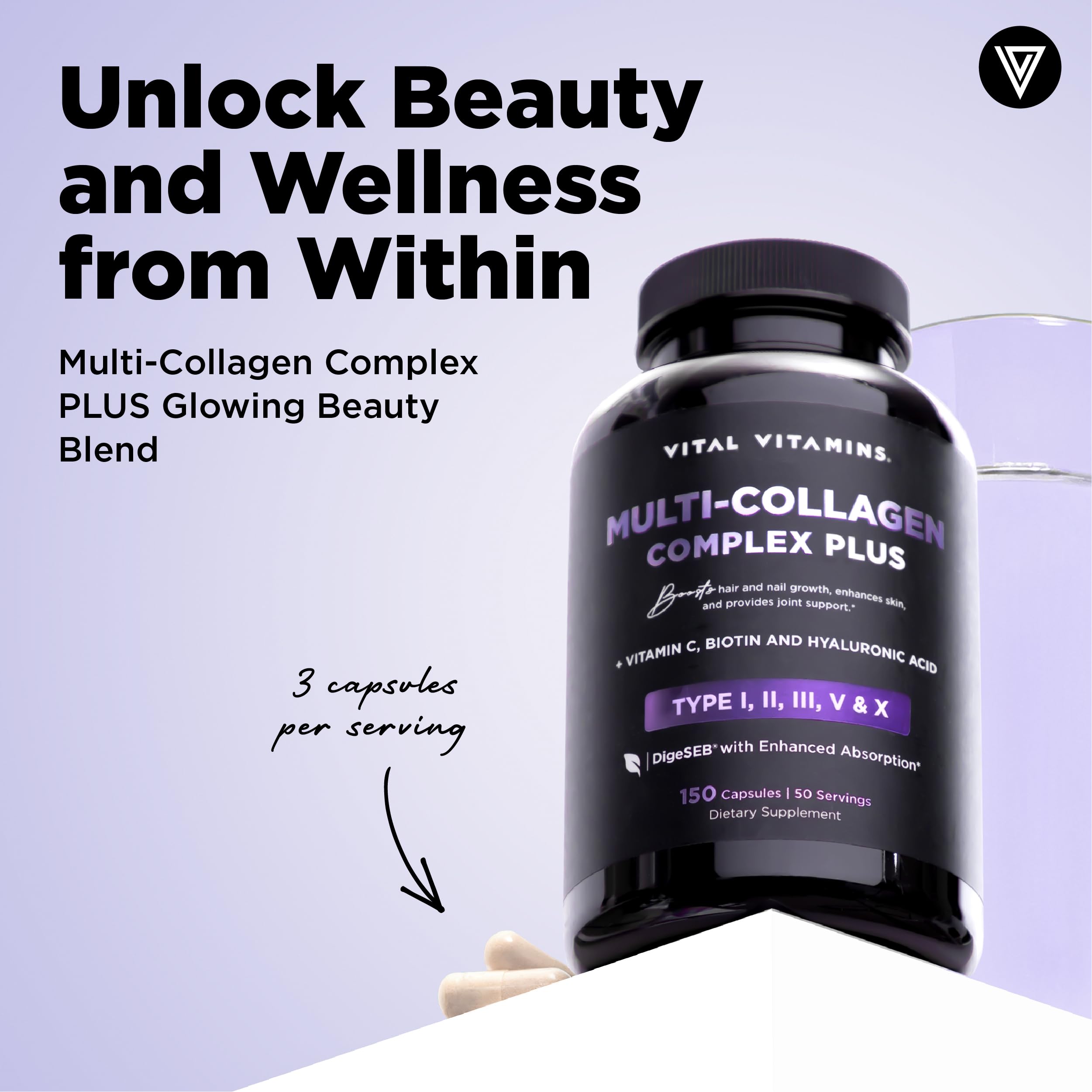 Vital Vitamins Multi Collagen Complex Plus - with Biotin, Hyaluronic Acid, Vitamin C - Type I, II, III, V, X - for Women & Men - Hair, Skin, Nails Beauty Complex - 150 Capsules Vital Vitamins buy supplements Au