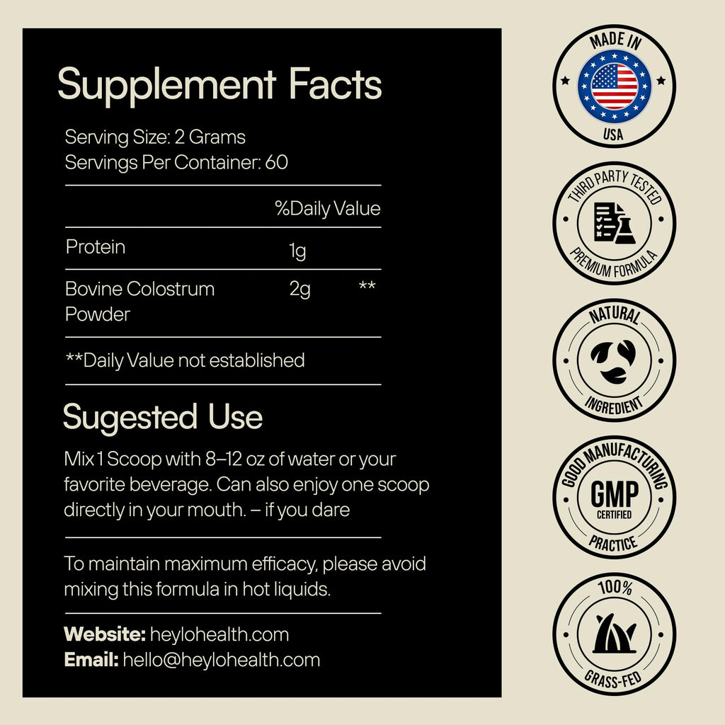 Heylo Premium Colostrum Powder – 100% Pure, Grass-Fed Bovine 40% IgG Supplement, Natural Gut Health Bloating Immunity Skin & Hair, Muscle Recovery, Rich in Immunoglobulins, 60 Servings Heylo HealthBuy Supplements Australia