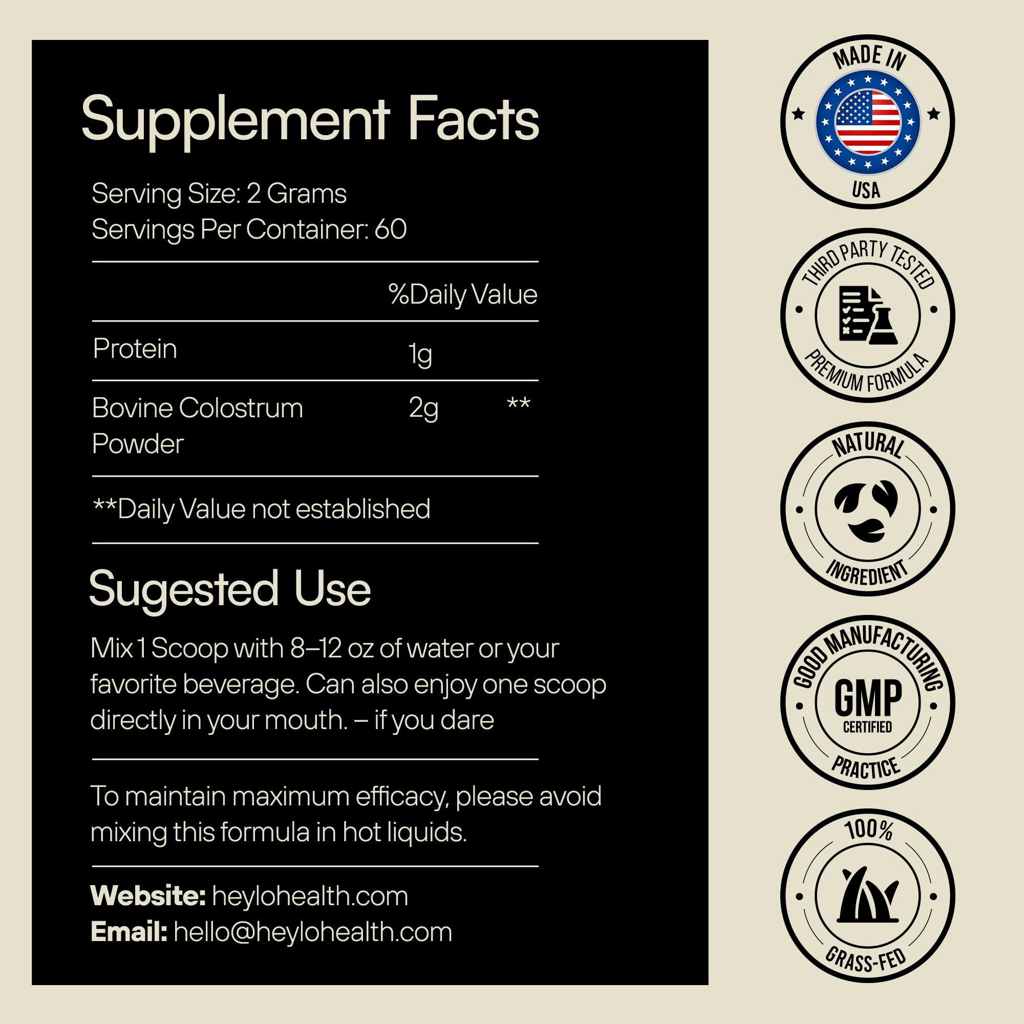 Heylo Premium Colostrum Powder – 100% Pure, Grass-Fed Bovine 40% IgG Supplement, Natural Gut Health Bloating Immunity Skin & Hair, Muscle Recovery, Rich in Immunoglobulins, 60 Servings Heylo HealthBuy Supplements Australia