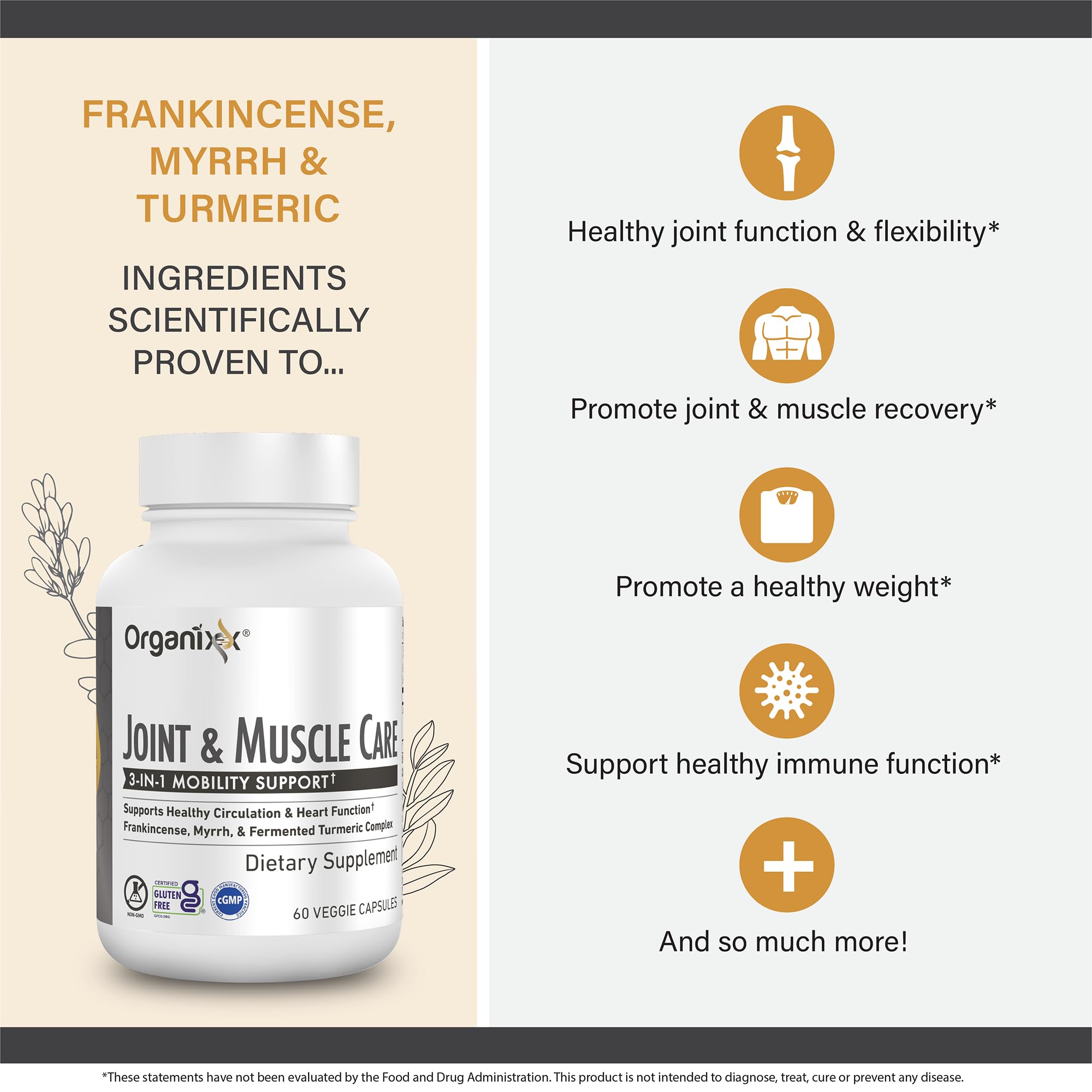 Organixx Joint & Muscle Care Organic Turmeric Supplement, 3-in-1 Frankincense, Turmeric and Myrrh Joint Health & Joint Support Supplement Body Care Capsules, Supports Swelling, Tension, 60 Capsules OrganixxBuy Supplements Australia