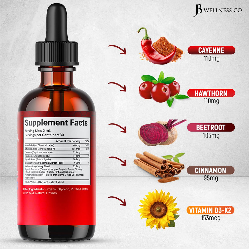Cayenne Pepper Supplement Liquid Drops + Hawthorn Berry, Vitamin D3 K2 Beet Root Powder, Ceylon Cinnamon, Turmeric Curcumin, Organic Panax Ginseng - 4oz JB Wellness Co buy supplements Au