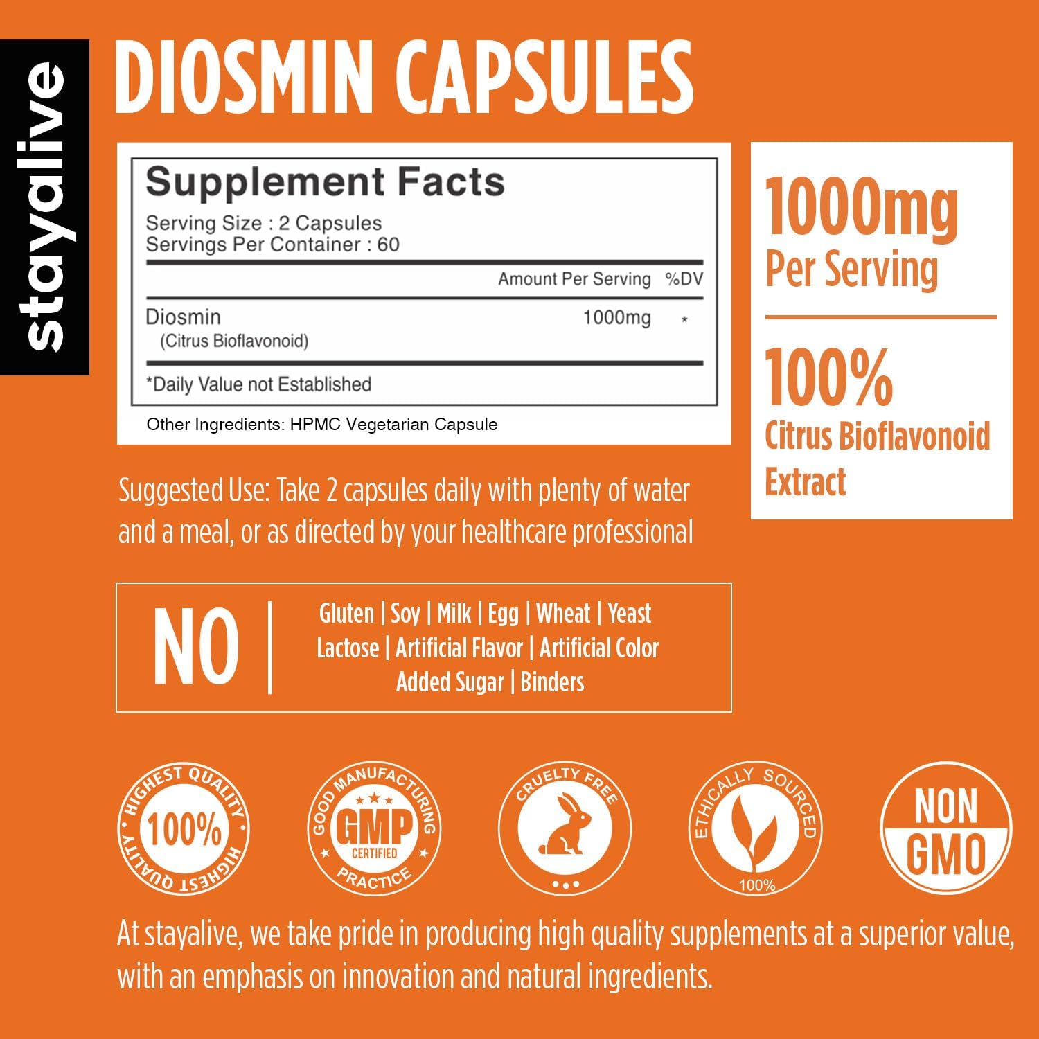 STAY ALIVE Pure Diosmin Complex 1000mg Formula, 120 Capsules, Citrus Bioflavonoids Rich Fruit Extract, 2 Month Supply, 100% Vegetarian, Non-GMO & Gluten Free Diosmin Supplement STAY ALIVE buy supplements Au